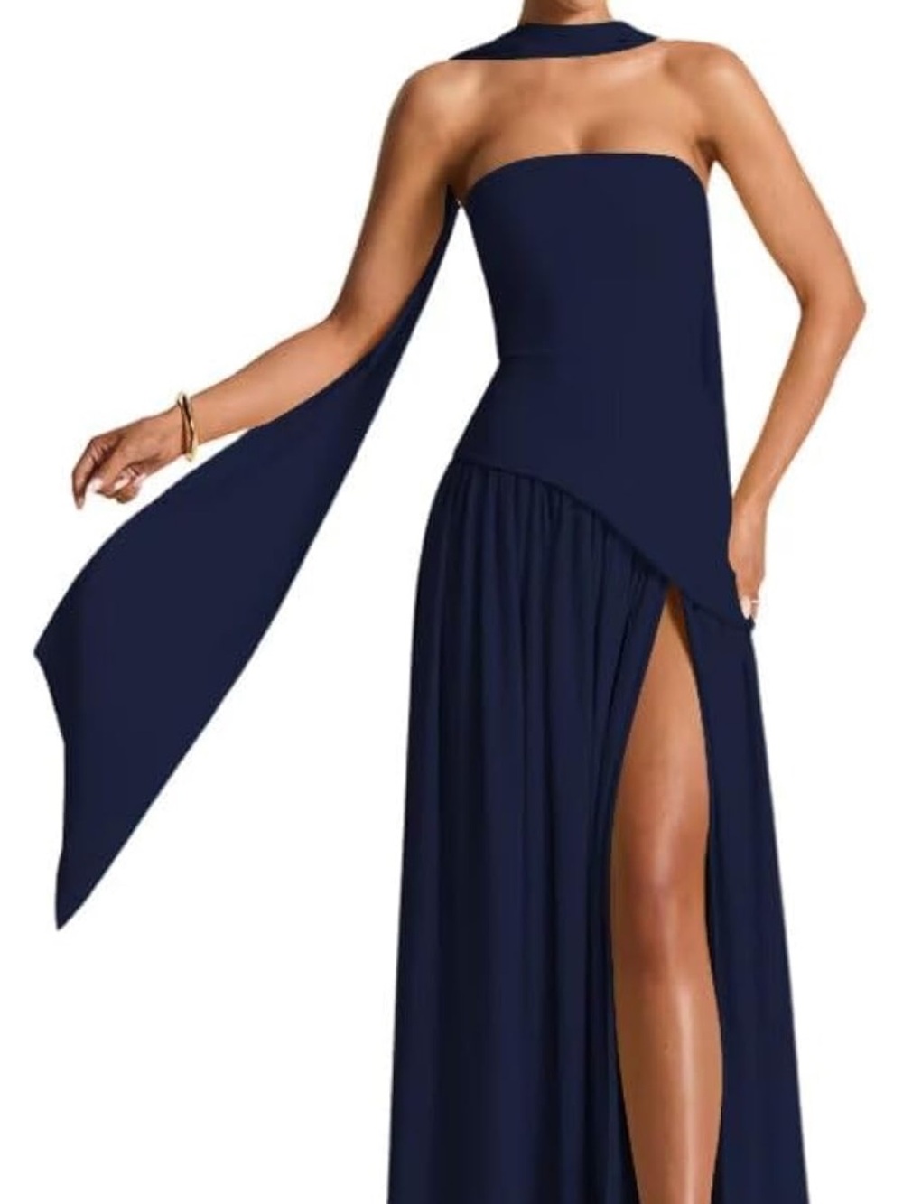 Strapless Navy Blue Evening Gown with Scarf Detail and corset back